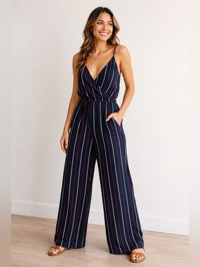 Hollister Striped Wrap Front Wide Leg Jumpsuit XS Red White Navy